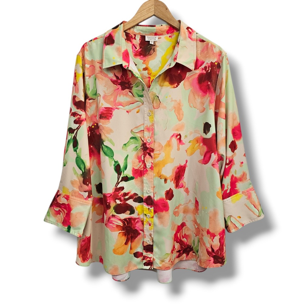 Jaclyn Smith‎ Button Down Top 2X Womens Colorful Floral Tropical Cruise Vacation